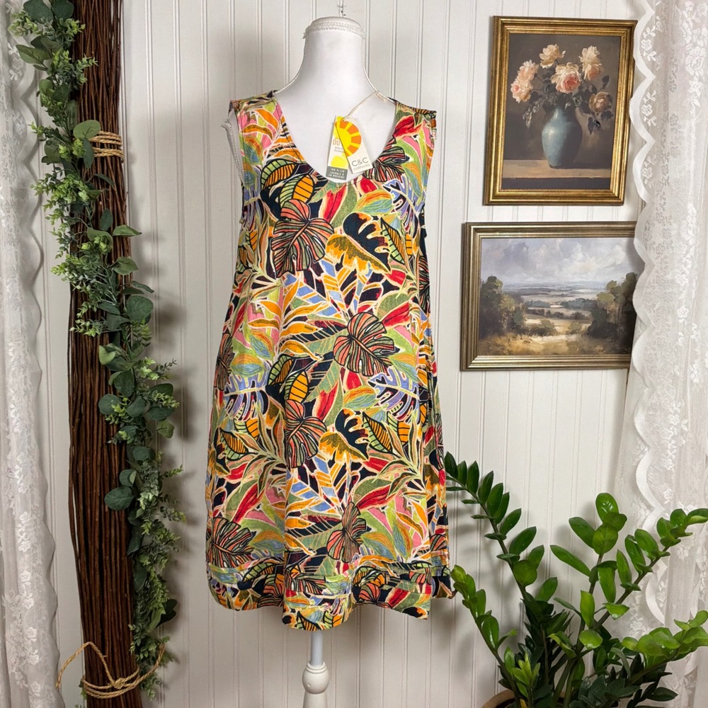 C&C California Shift Dress Womens XS Multicolor NWT Tropical Leaf Linen Pockets